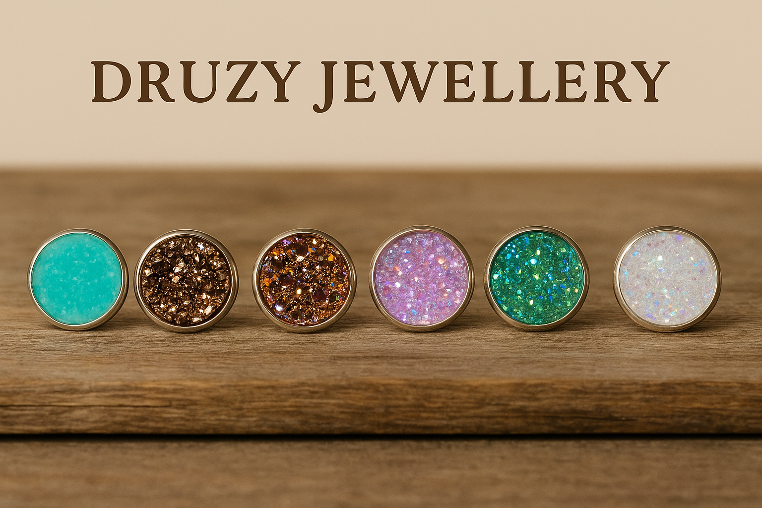 Colour name druzy stud earrings on wood block – Wild Sparks handmade Australian jewellery