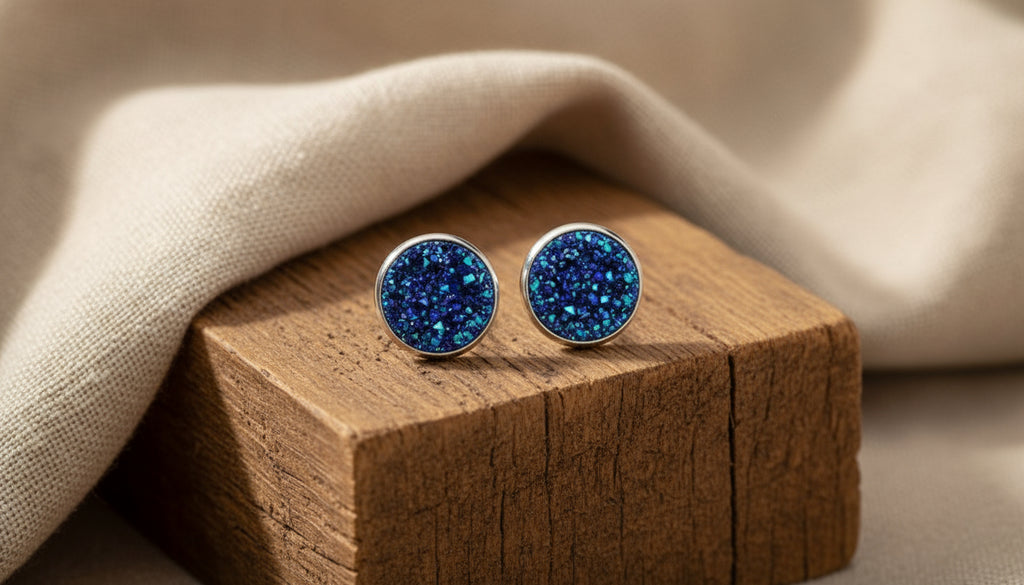 Deep blue druzy stud earrings inspired by ocean depths, handmade Australian jewellery from the Tidebound Collection