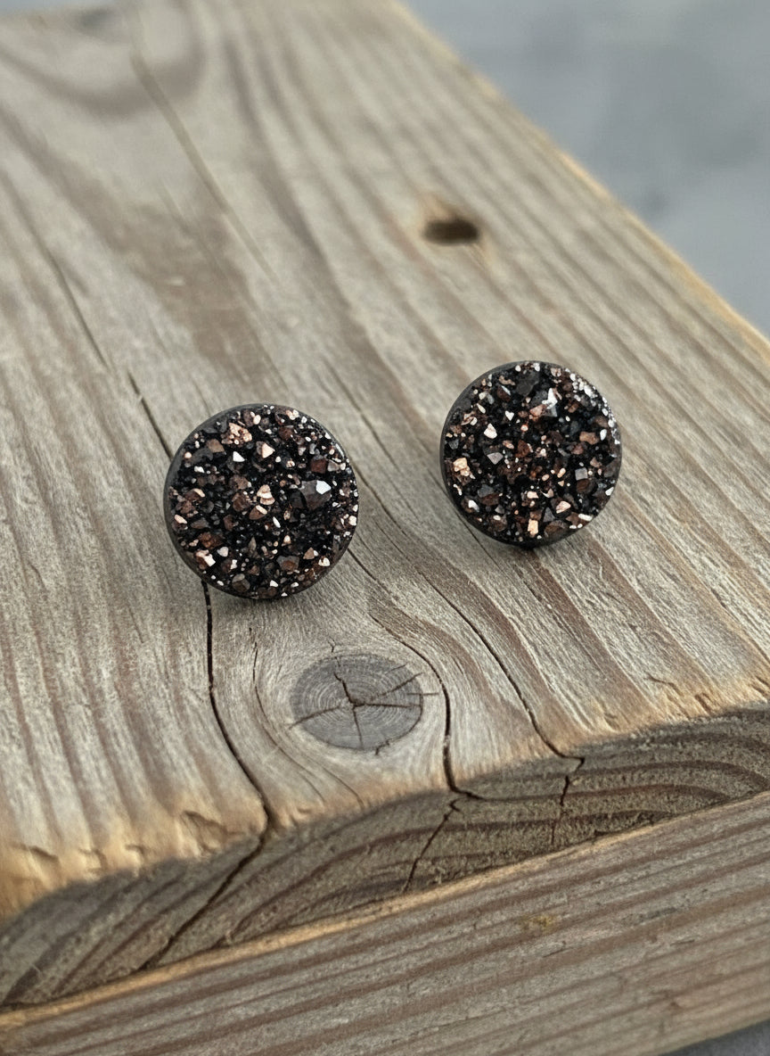 Earth Glow Burnished Ember druzy stud earrings in dark copper tones, handmade Australian jewellery