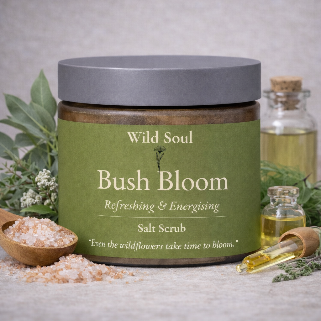 Bush Bloom natural Australian Epsom salt body scrub in amber jar