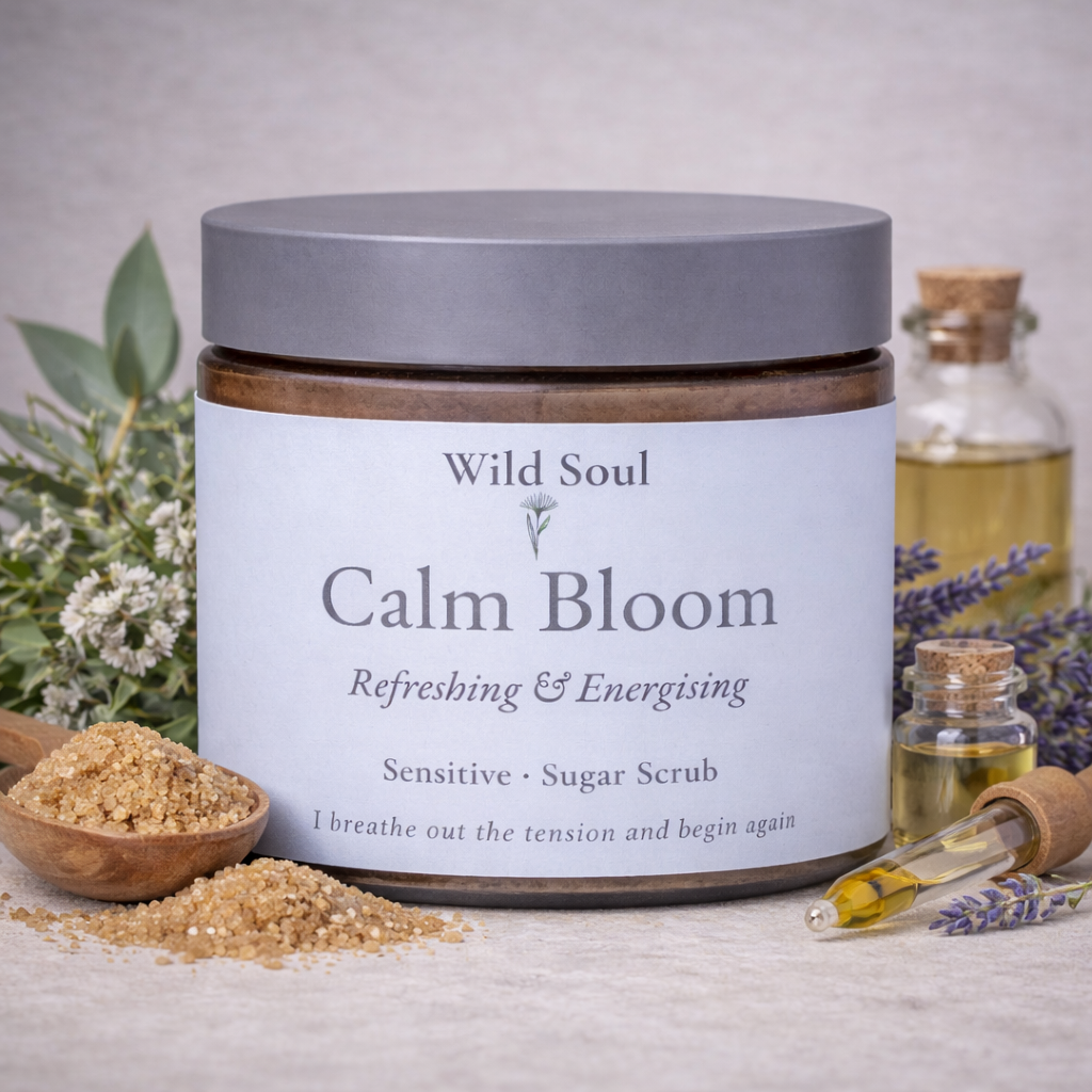 Calm Bloom natural Australian brown sugar body scrub in amber jar
