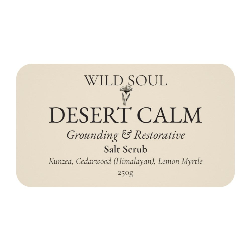 Label for Wild Soul Desert Calm natural Australian salt body scrub
