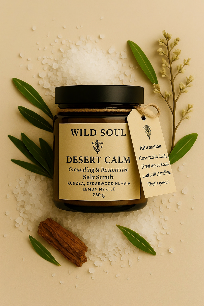 Wild Soul Desert Calm exfoliating salt scrub flat lay