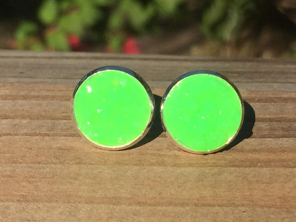 Earth Glow Brightroot druzy stud earrings in vibrant neon green, handmade Australian jewellery
