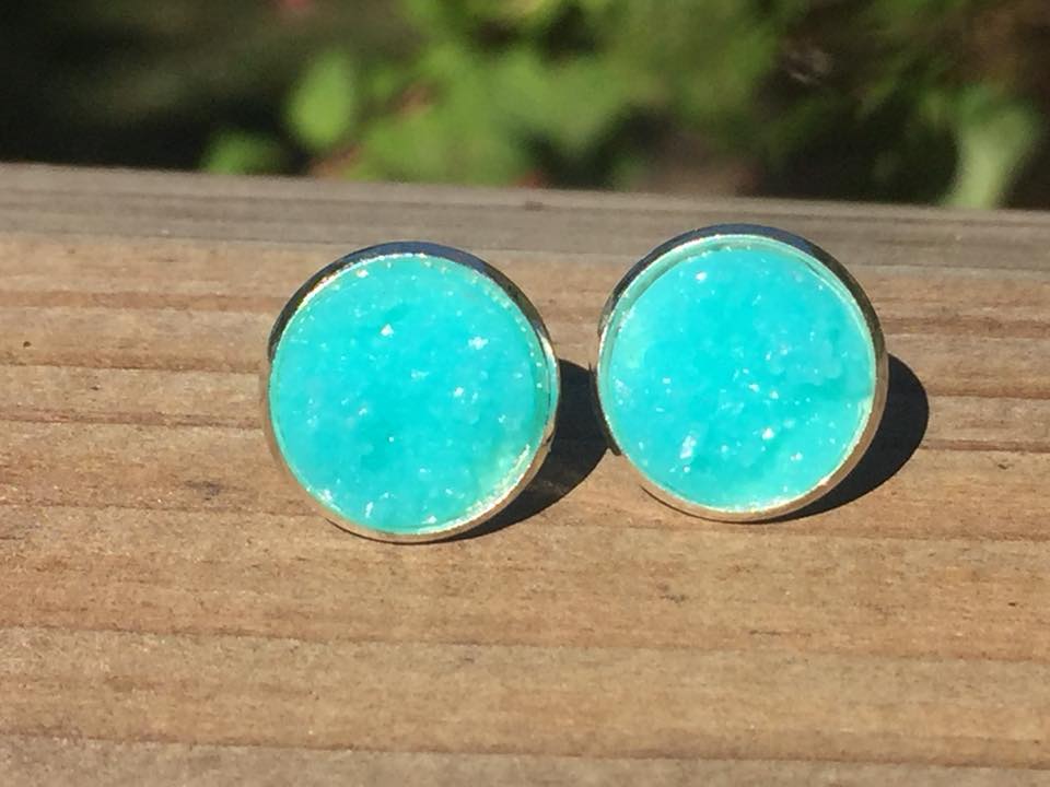 Earth Glow Stillwake druzy stud earrings in turquoise aqua tones, handmade Australian jewellery