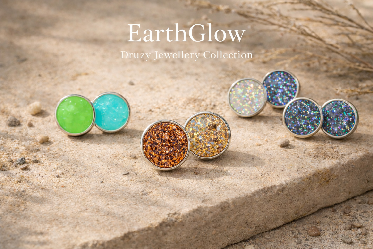 Earth Glow druzy stud earrings collection by Wild Soul featuring multiple green, aqua, gold and earthy colour variants