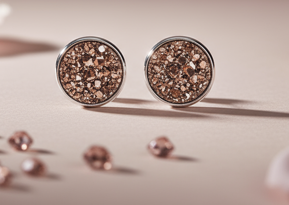 Ember Light Soft Fire druzy stud earrings in rose gold and copper tones, handmade Australian Wild Sparks jewellery