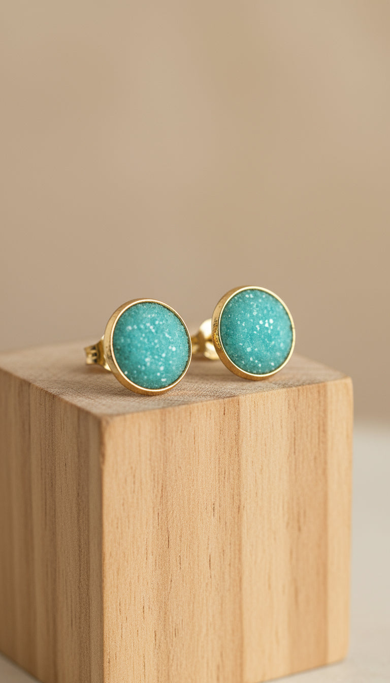 Earth Glow Emerald Tide druzy stud earrings in soft aqua green tones, handmade Australian jewellery