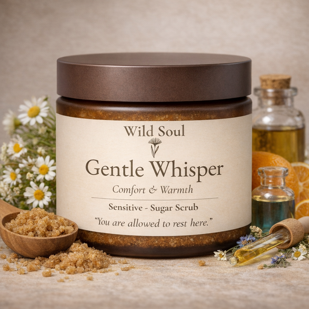 Gentle Whisper natural Australian brown sugar body scrub in amber jar
