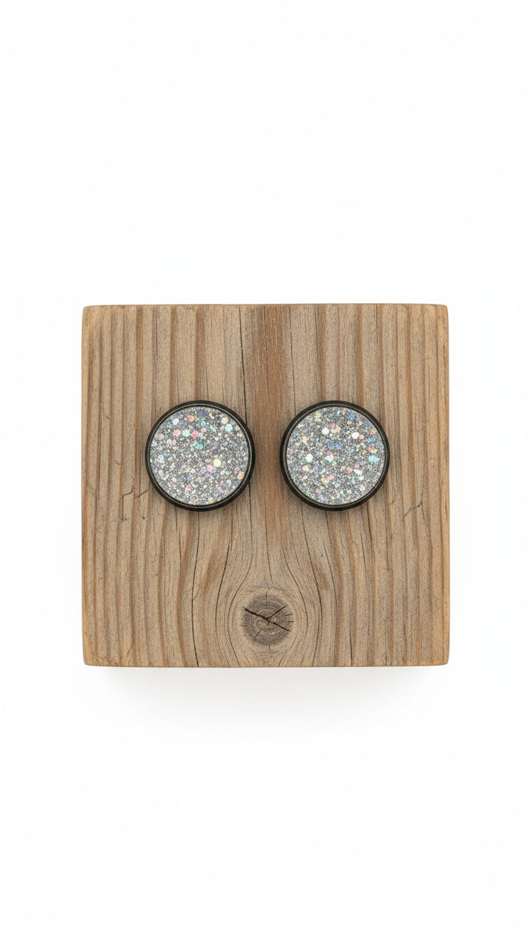 Earth Glow Moonlit Prism druzy stud earrings in silver grey with holographic sparkle, handmade Australian jewellery