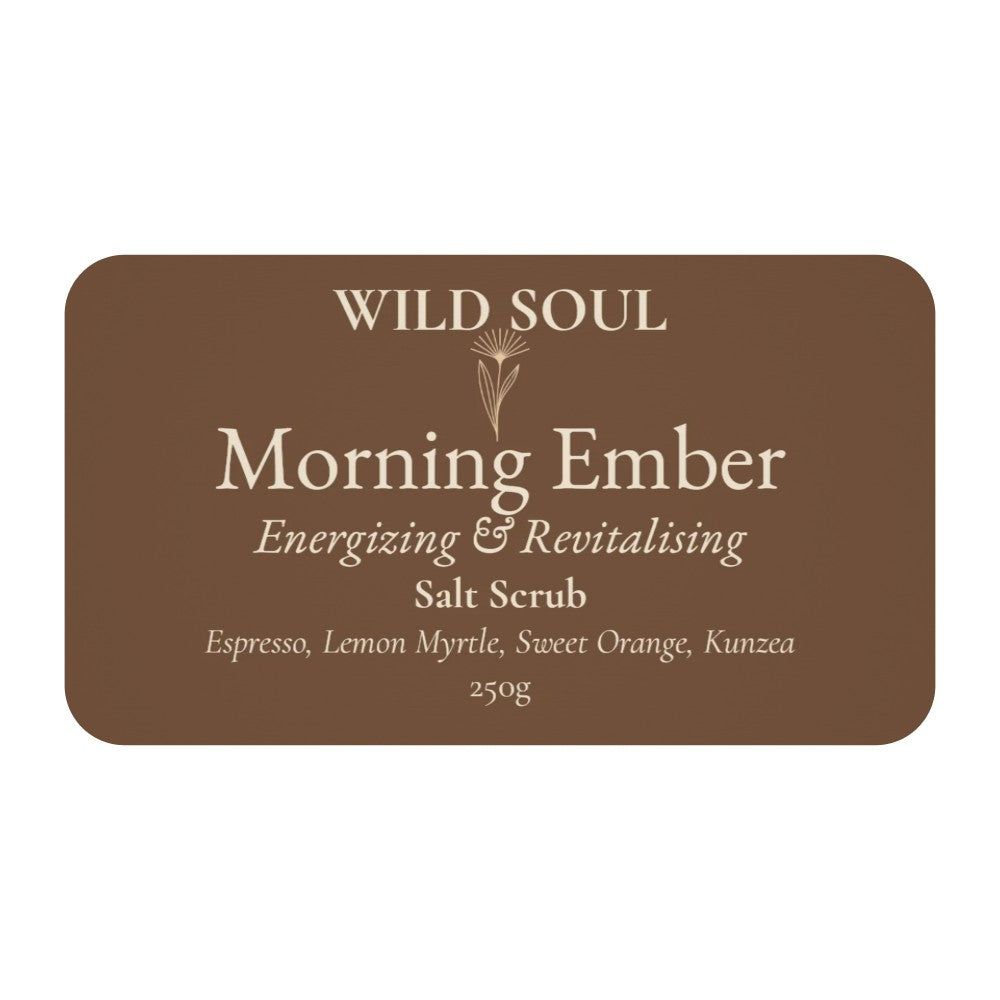 Label for Wild Soul Morning Ember coffee salt body scrub
