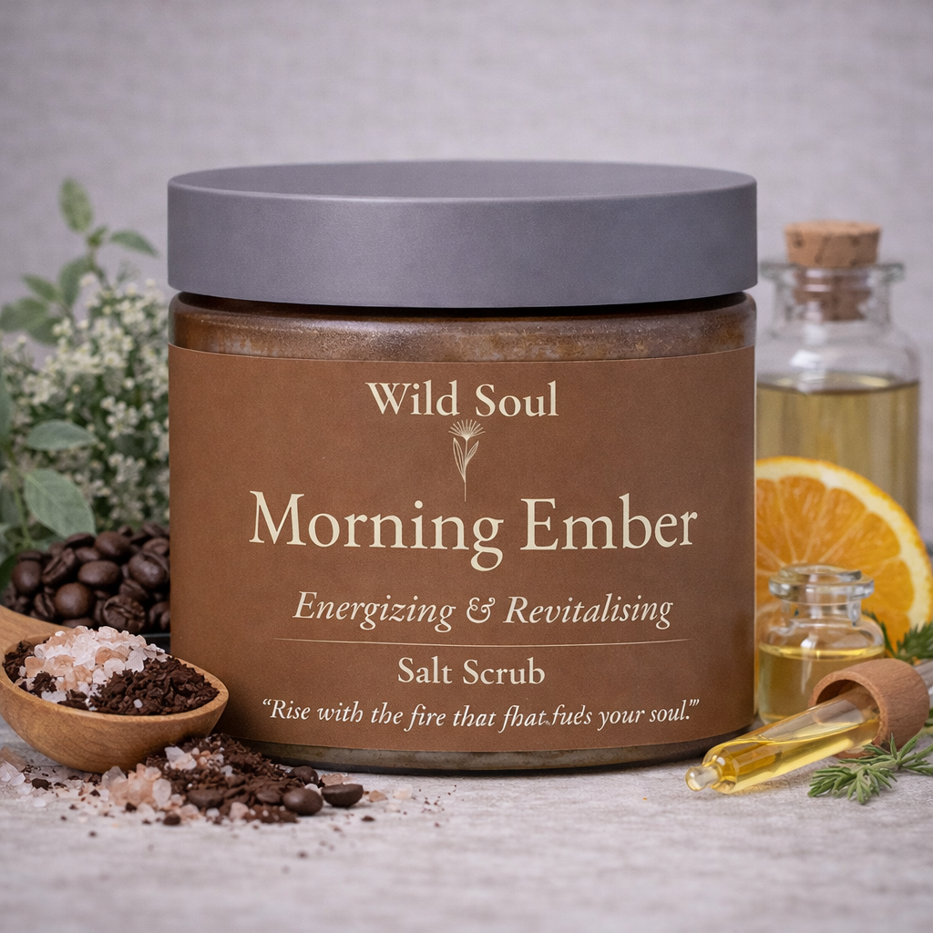 Morning Ember natural Australian coffee and Himalayan salt body scrub in amber jar
