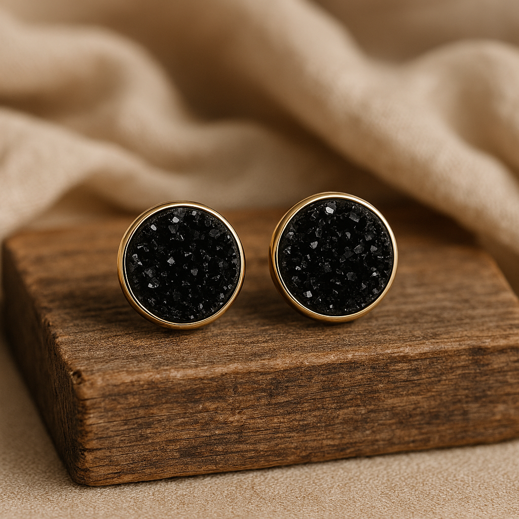 Black druzy stud earrings with subtle shimmer, handmade Australian jewellery from the Tidebound Collection