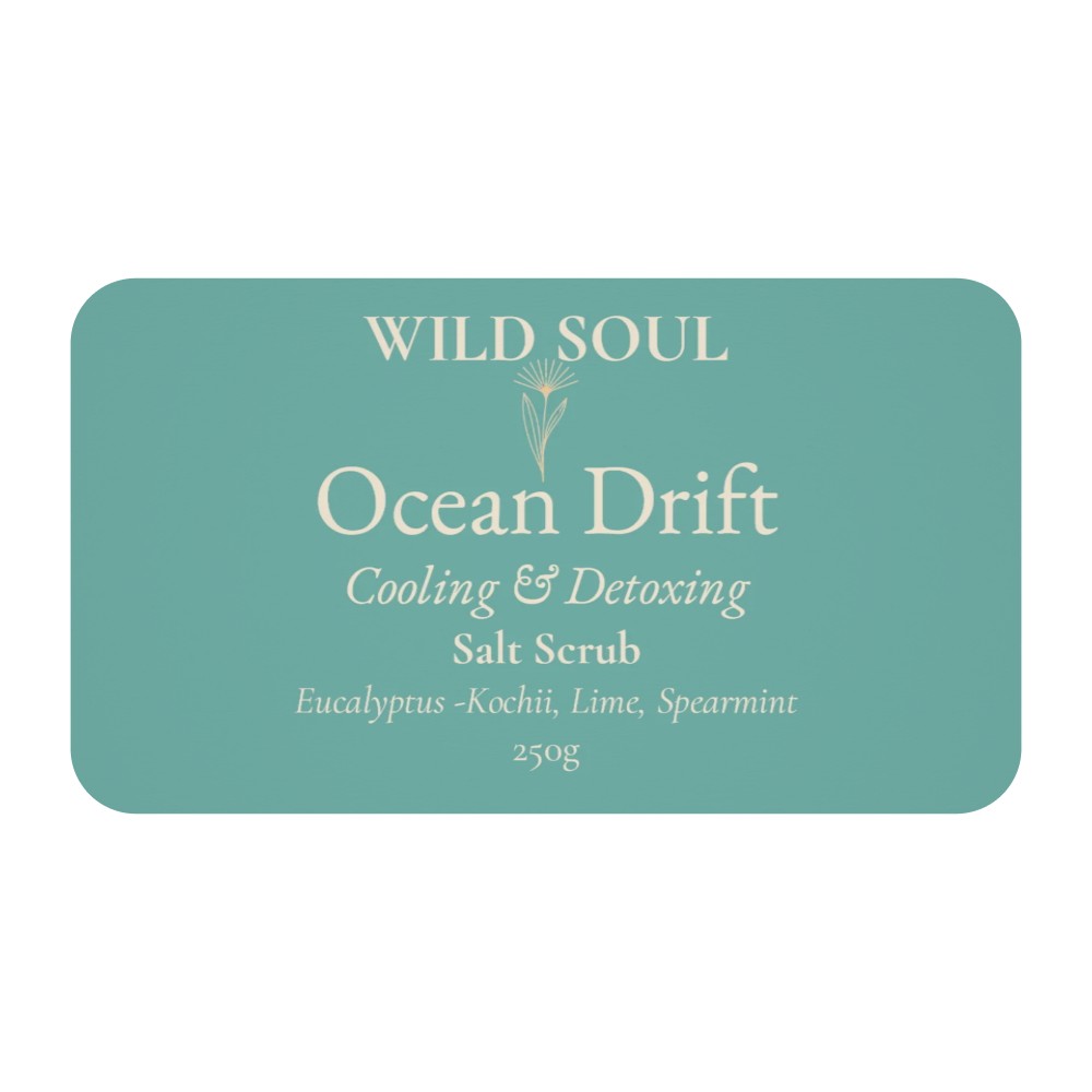 Label for Wild Soul Ocean Drift salt body scrub
