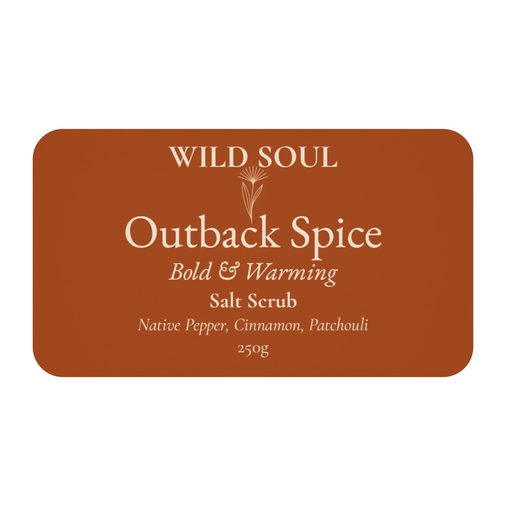 Label for Wild Soul Outback Spice Himalayan salt body scrub
