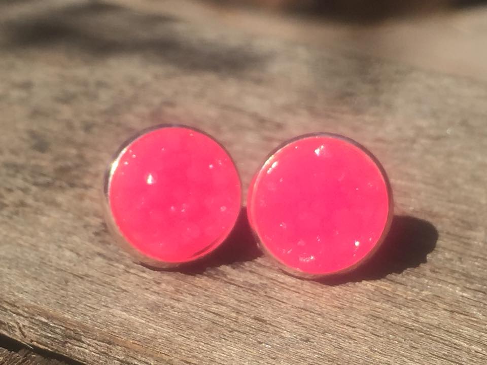 Petal Flare Soft Fire druzy stud earrings in iridescent pink glitter, handmade Australian Wild Sparks jewellery