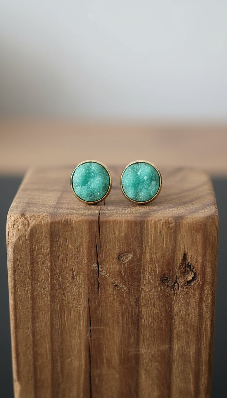 Earth Glow Seafoam Mist druzy stud earrings in soft aqua green tones, handmade Australian jewellery