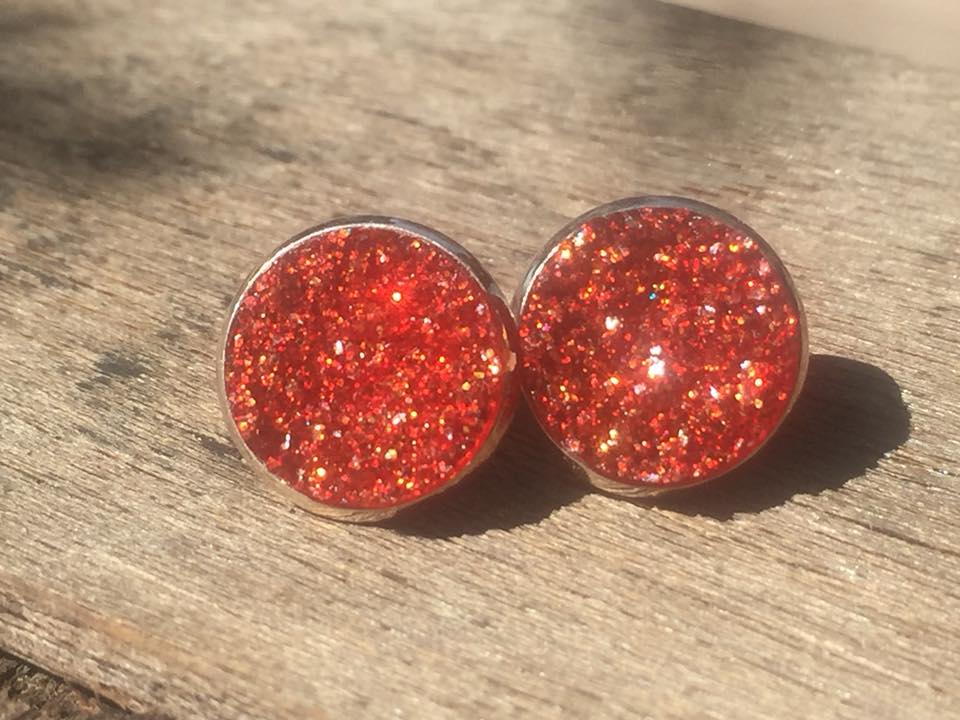 Fire Born Soft Fire druzy stud earrings in red-orange sparkle, handmade Australian Wild Sparks jewellery