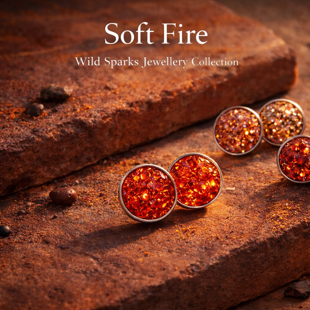 Soft Fire druzy stud earrings in warm red, gold, and amber tones displayed on textured stone, part of the Wild Sparks Soft Fire jewellery collection