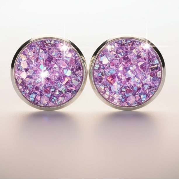 Mystic Spark Soft Fire druzy stud earrings in purple glitter with iridescent flecks, handmade Australian Wild Sparks jewellery