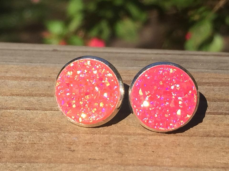 Spark Bloom Soft Fire druzy stud earrings with pink and golden shimmer, handmade Australian Wild Sparks jewellery