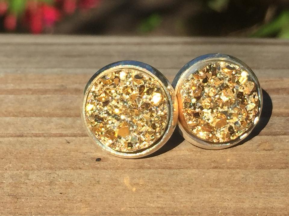 Sun Shard Soft Fire druzy stud earrings in pure gold glitter, handmade Australian Wild Sparks jewellery