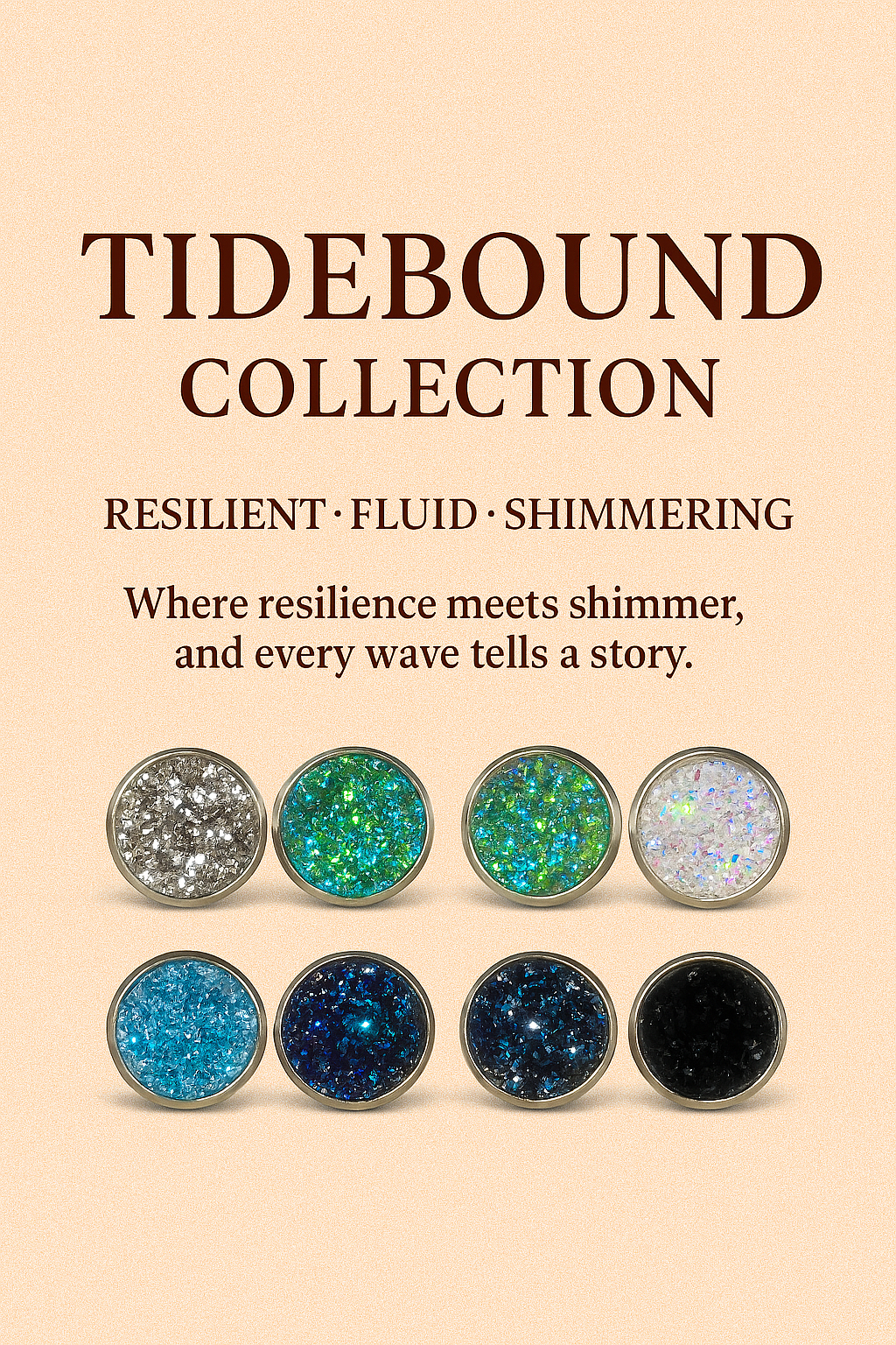 Earring set with 'Tidebound Collection' text on a beige background