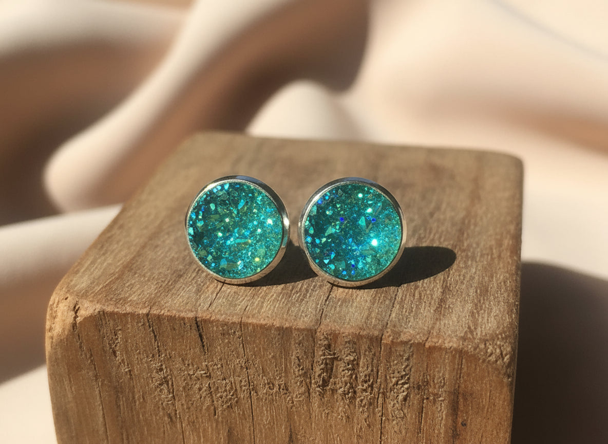 Light aqua druzy stud earrings with silver-toned setting, part of the Tidebound Collection by Wild Sparks