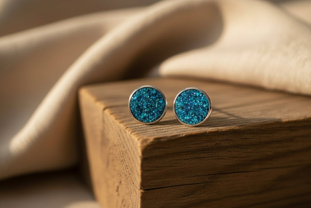 Teal and green druzy stud earrings from the Tidebound Collection, handmade Australian jewellery by Wild Sparks