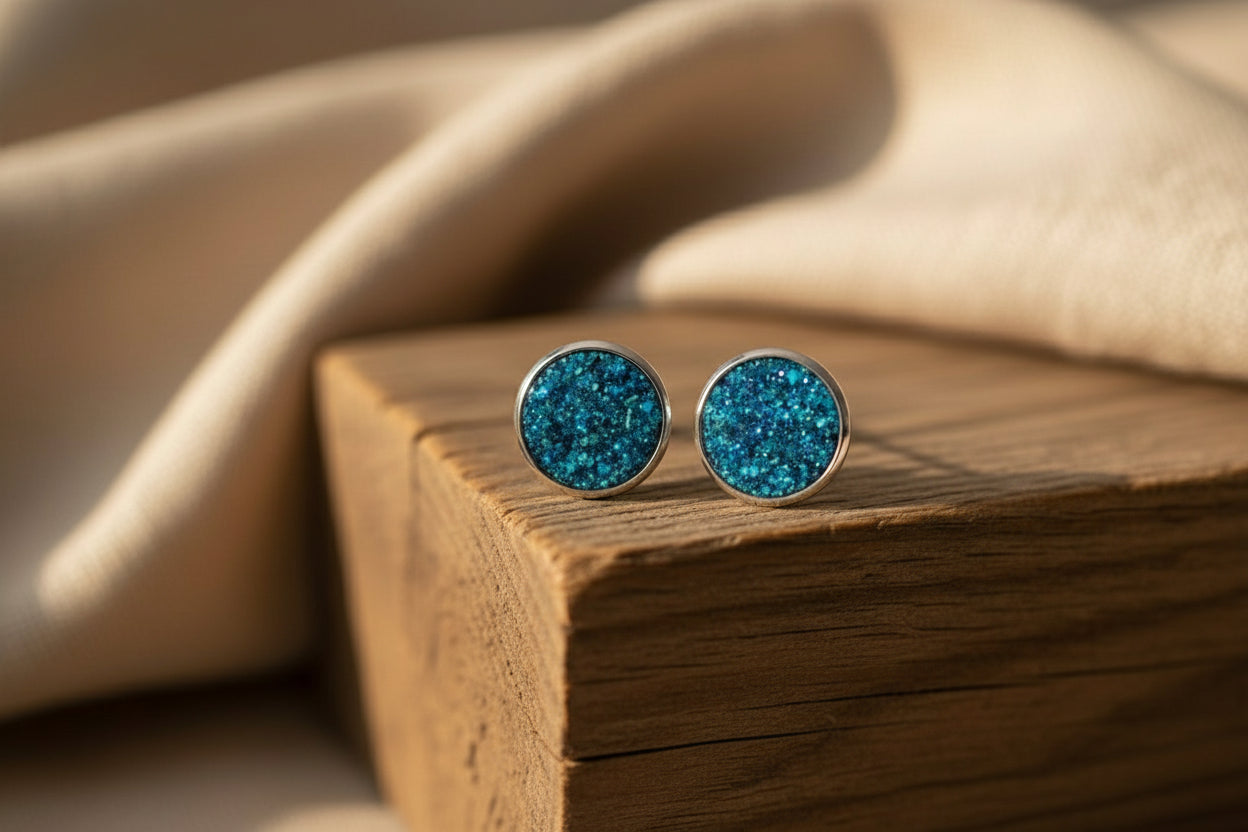 Teal and green druzy stud earrings from the Tidebound Collection, handmade Australian jewellery by Wild Sparks