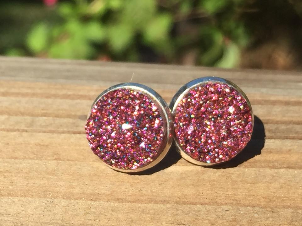 Twilight Bloom Soft Fire druzy stud earrings with pink, purple and silver shimmer, handmade Australian Wild Sparks jewellery