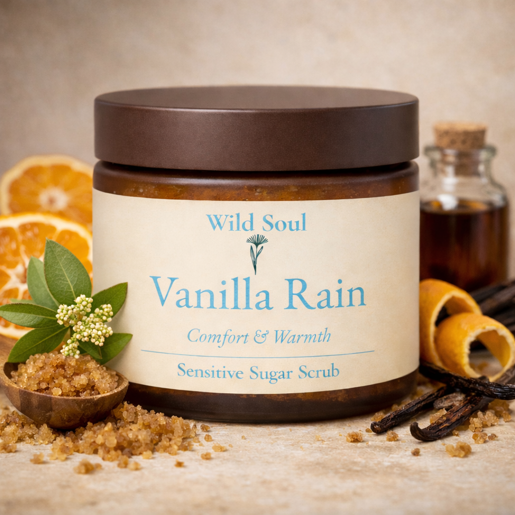 Vanilla Rain natural Australian brown sugar body scrub in amber jar
