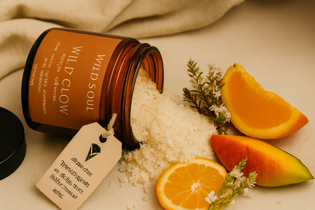 Wild Glow body scrub with sweet orange and botanical ingredients flat lay

