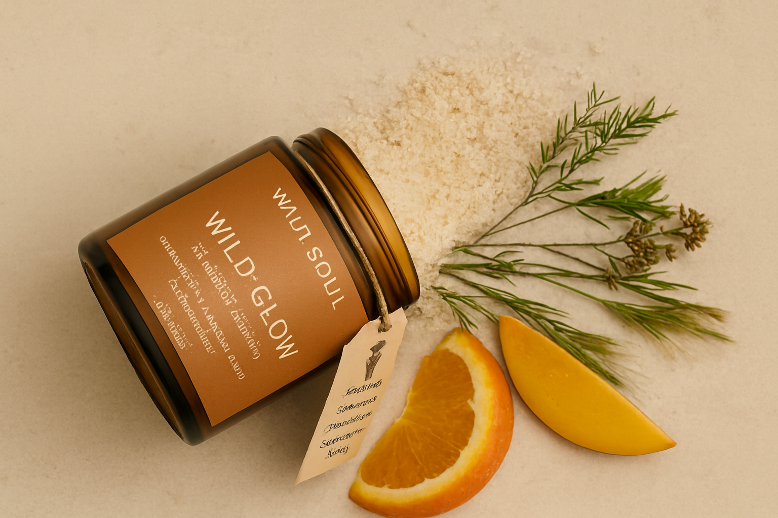 Wild Glow natural body scrub styled with warm botanicals and citrus
