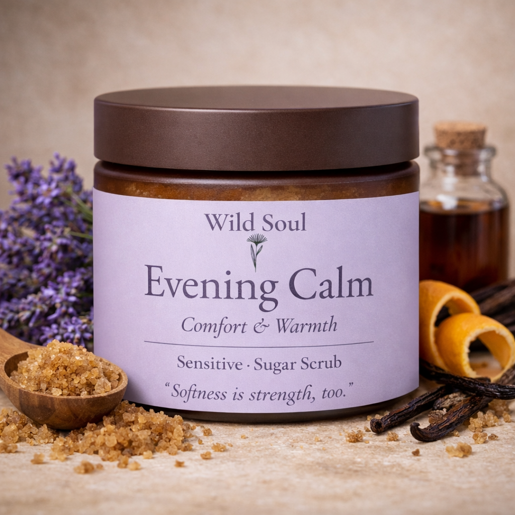 Evening Calm natural Australian brown sugar body scrub in amber jar
