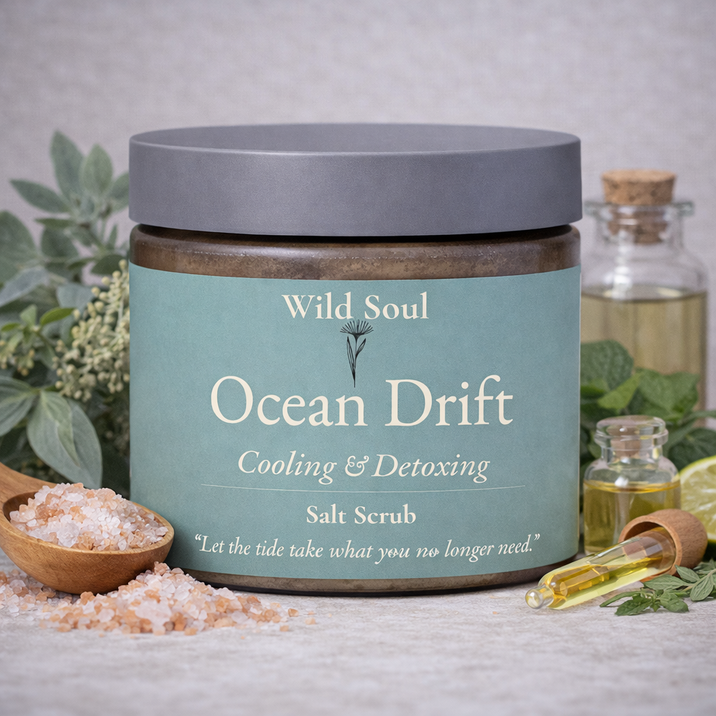 Ocean Drift natural Australian Epsom and Himalayan salt body scrub in amber jar
