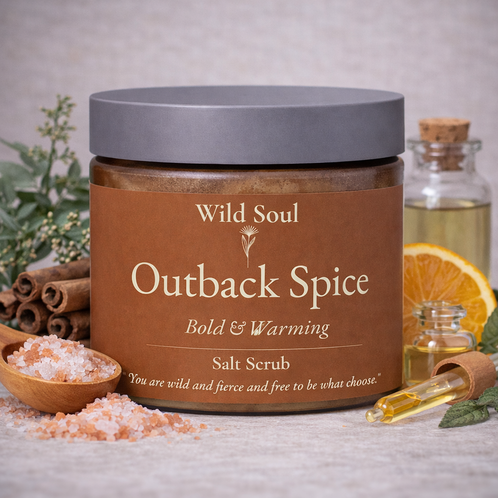 Outback Spice natural Australian Himalayan salt body scrub in amber jar

