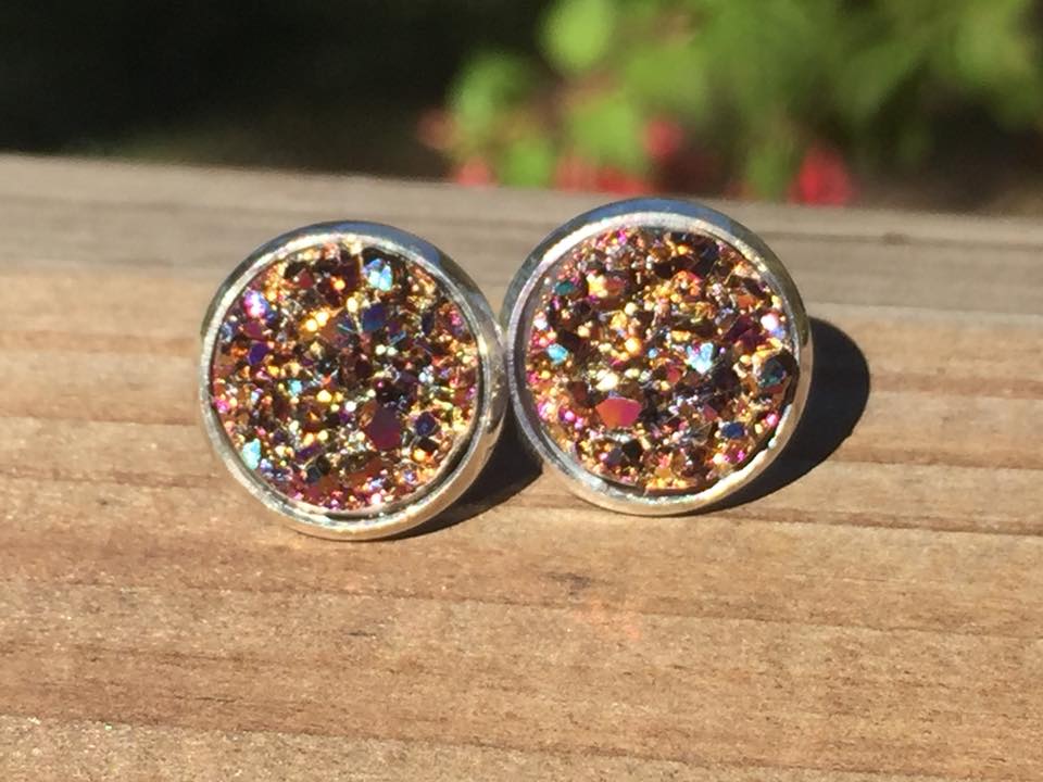 Sunflare Soft Fire druzy stud earrings with gold and pink iridescent shimmer, handmade Australian Wild Sparks jewellery