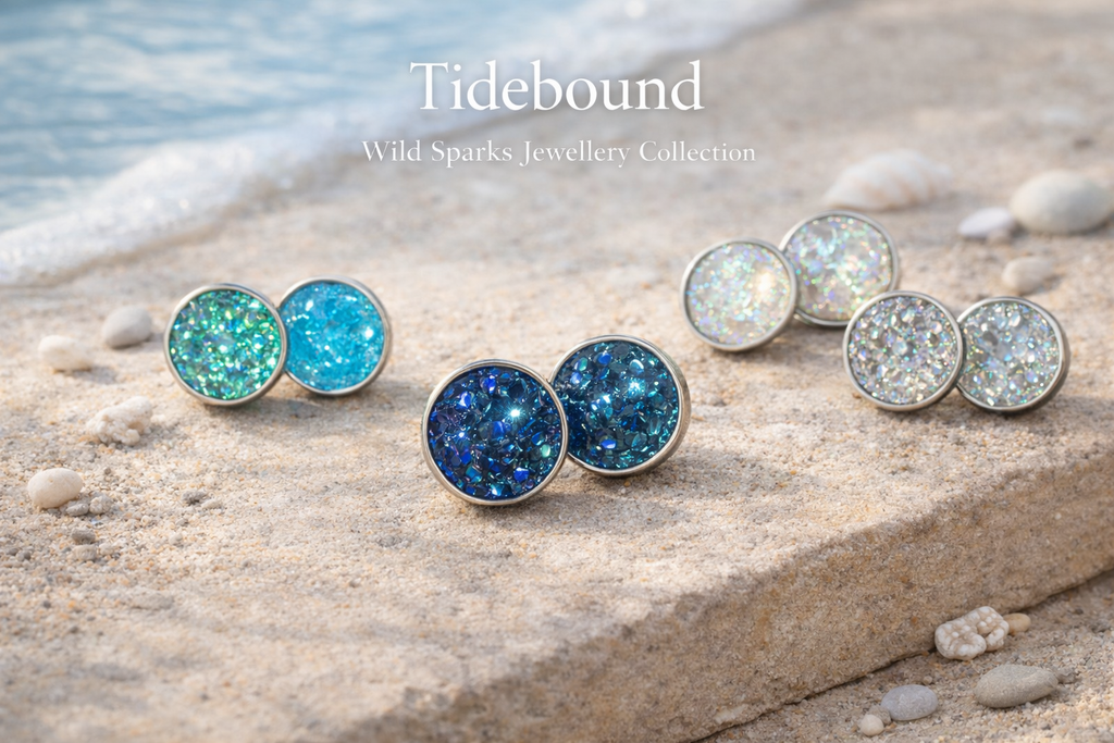 Druzy stud earrings from the Tidebound Collection by Wild Sparks, featuring shimmering ocean-inspired blue and green tones on a natural stone surface