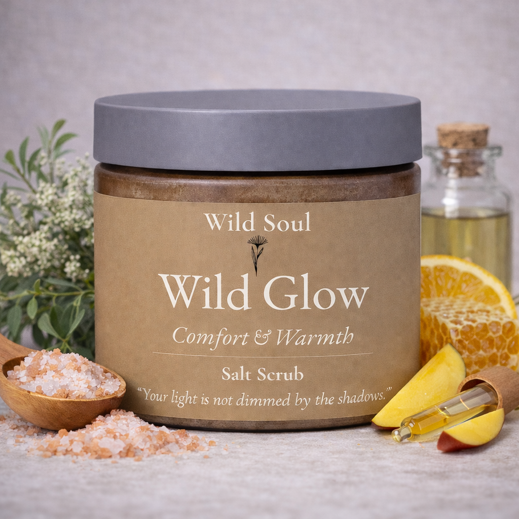 Wild Glow natural Australian Himalayan salt body scrub in amber jar
