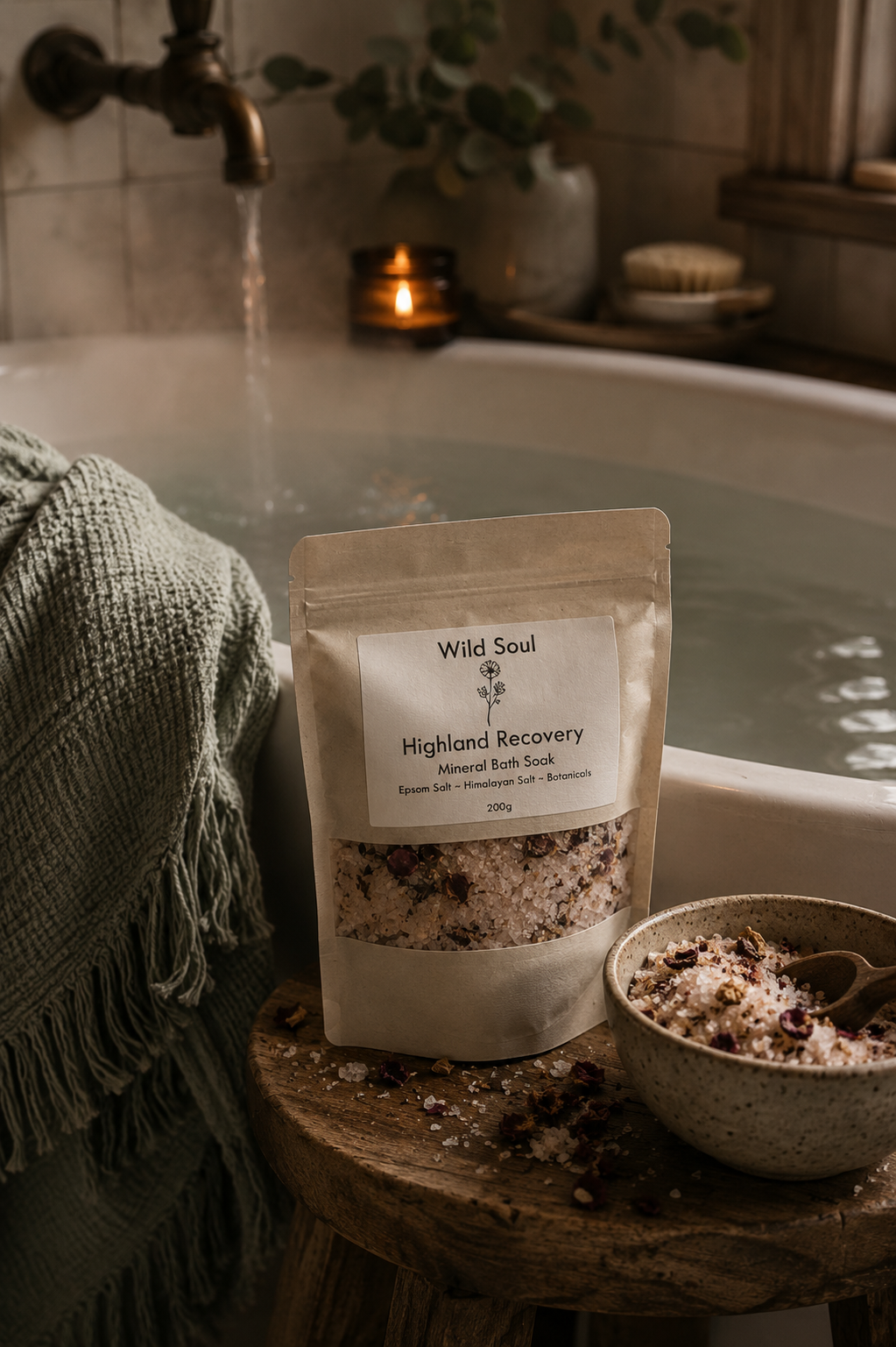 Wild Soul Highland Recovery bath soak beside a warm, softly lit bath