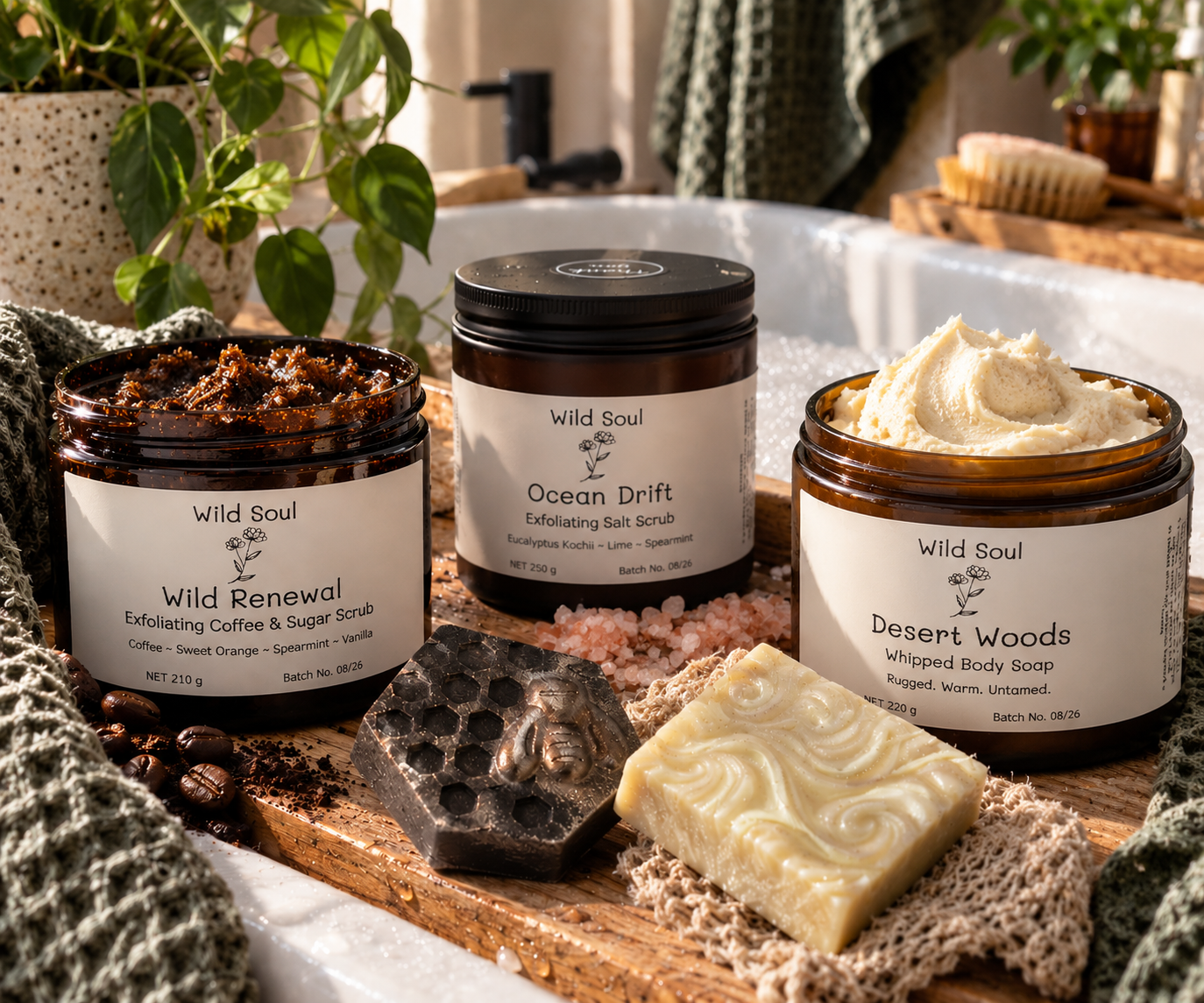 Wild Soul Wild Renewal coffee and sugar scrub in a warm, relaxed bathroom setting
