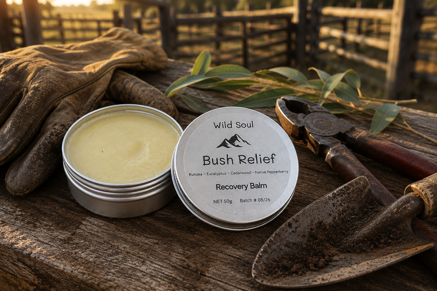 Wild Soul Bush Relief recovery balm beside work gloves, fencing tools and a garden trowel