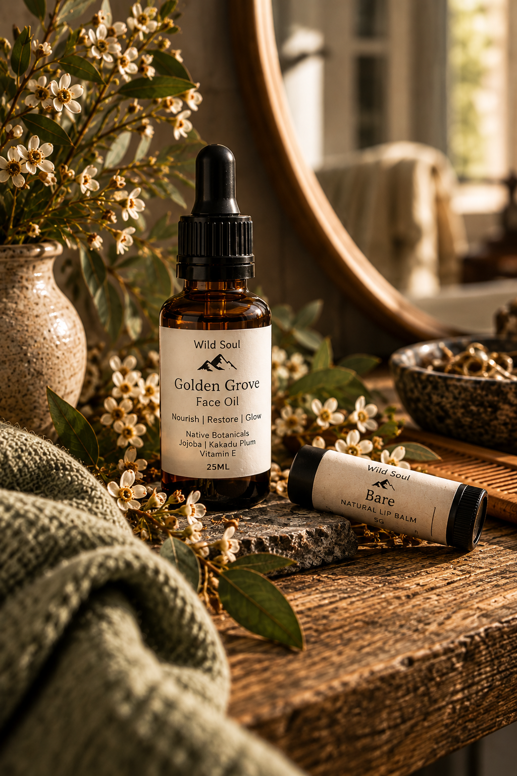 Wild Soul botanical skin oils and everyday skin care in warm morning light