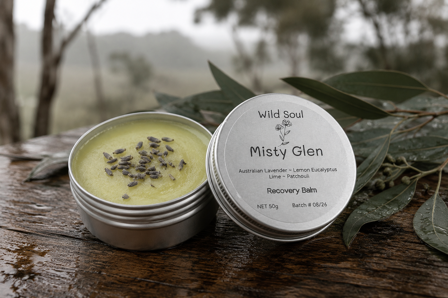 Wild Soul Misty Glen recovery balm on weathered timber in soft misty light