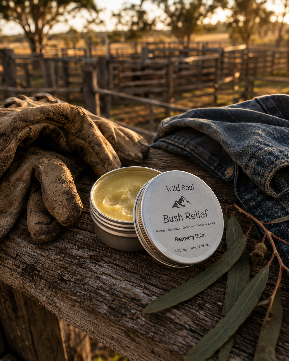 Wild Soul Bush Relief recovery balm resting on weathered timber beside Australian stockyards at the end of the day