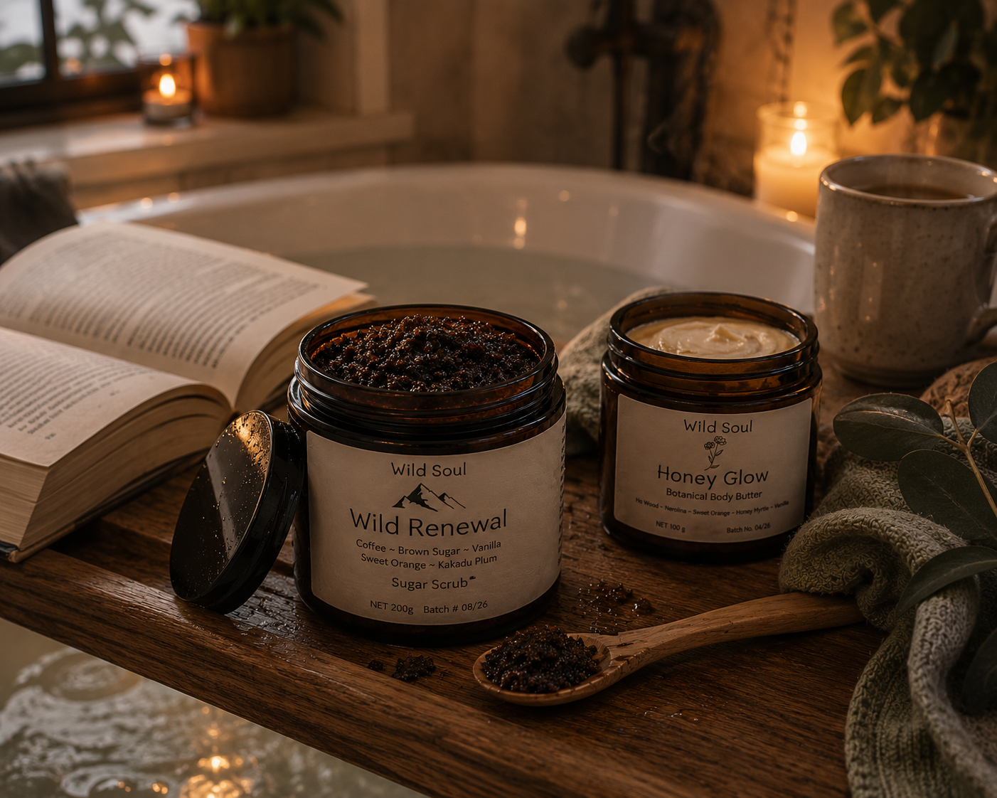 Wild Soul Wild Renewal coffee and sugar scrub with Honey Glow body butter beside a warm bath